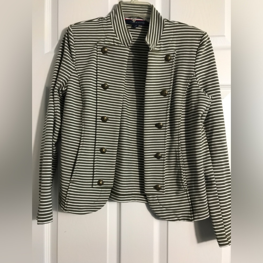 Tommy Hilfiger Striped Stretch Olive and White Blazer SP - Picture 2 of 10